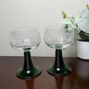 Luminarc‎ France Roemer Wine Glasses Set of 2 Etched Grape Green Beehive Stem